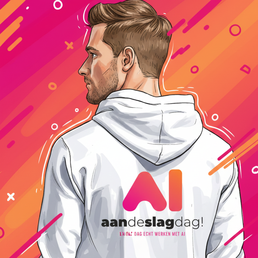 Illustration of a man with short hair and beard, wearing a white hoodie with a logo and Dutch text, against a vibrant pink and orange background.