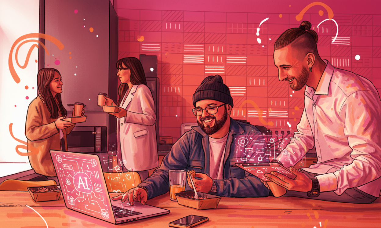 Four people in a modern, tech-themed cafe. Two women are standing near the counter holding drinks. Two men are sitting at a table, one working on a laptop with AI graphics on the screen and the other looking at a tablet. The scene features vibrant pink and purple lighting with digital graphics, indicating a focus on technology and artificial intelligence.
