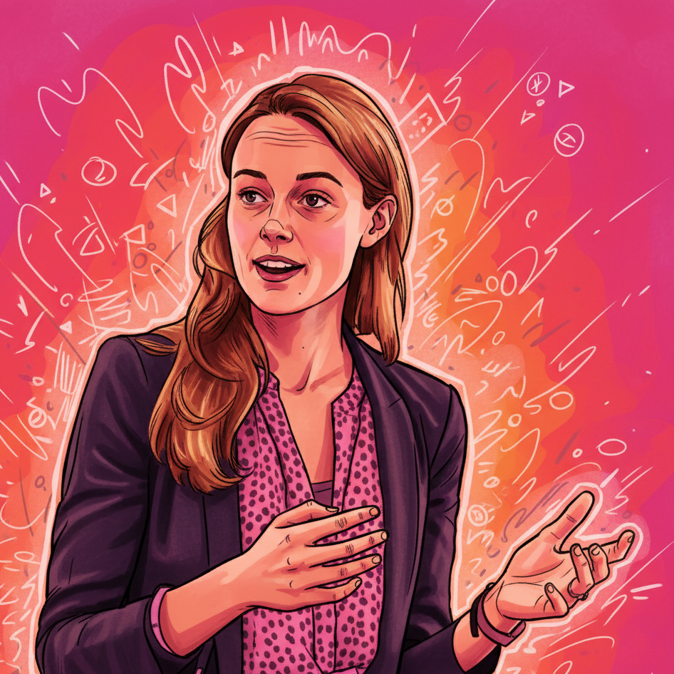 Digital illustration of a woman with shoulder-length brown hair, wearing a purple blazer and pink polka-dot shirt, gesturing with her left hand, with a vibrant pink and orange background filled with abstract symbols and lines.
