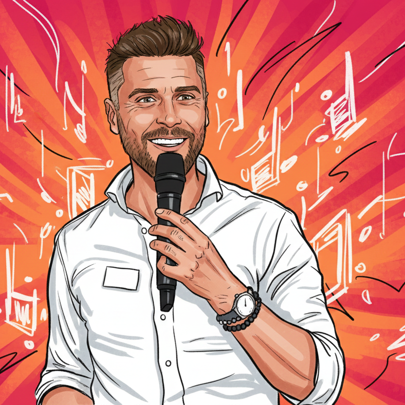 Digital illustration of a man smiling and holding a microphone, with energetic background lines and musical notes.
