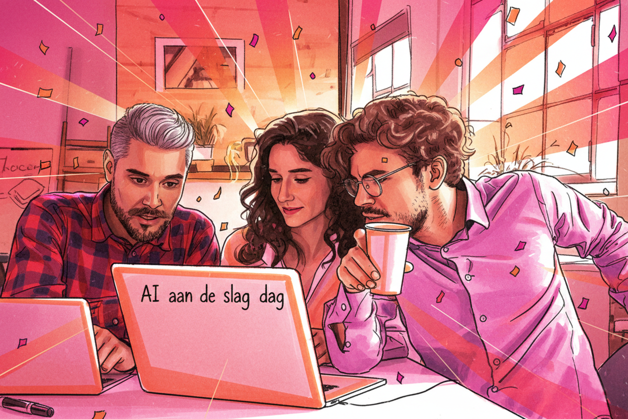 Three people sitting at a table looking at a laptop, with celebratory confetti and colorful rays in the background. The laptop screen displays the text "AI aan de slag dag."