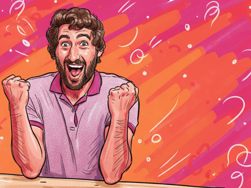 A man with curly hair and a beard, wearing a pink polo shirt, is celebrating with his fists clenched, smiling widely against a colorful abstract background.