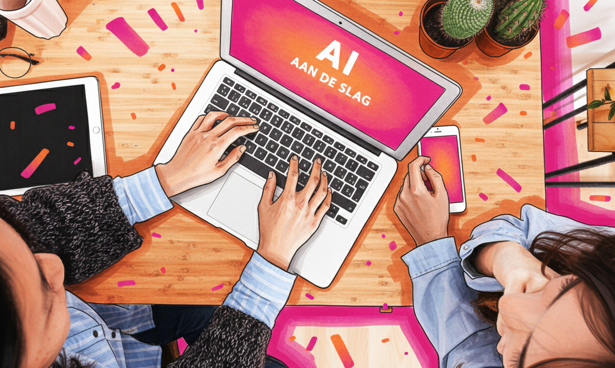 Overhead view of two people working at a desk with a laptop, tablet, and smartphone, with pink and orange graphic accents and potted cacti.