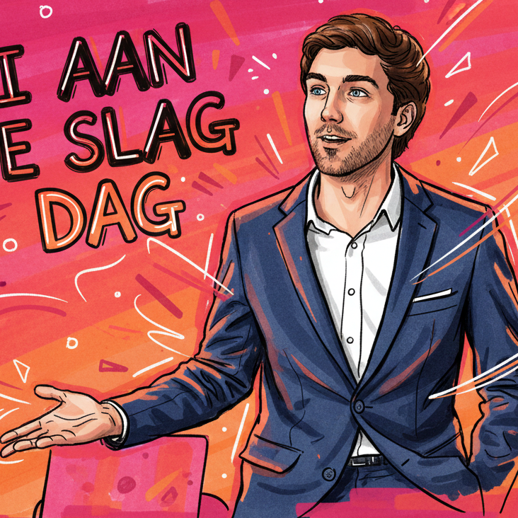 Illustration of a man in a blue suit with an open white shirt, gesturing with his right hand, set against a pink and orange background with confetti and streamers, with Dutch text 'Ik aan de slag dag'.