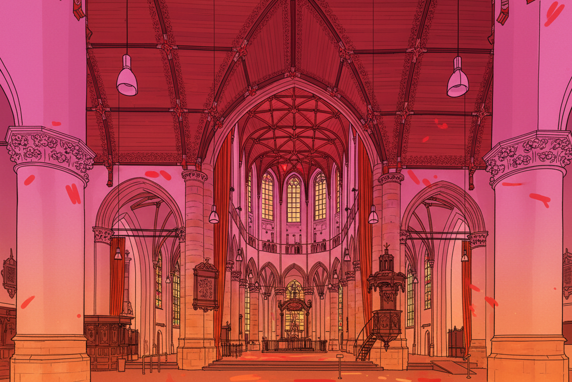 Illustration of the interior of a grand church or cathedral with tall columns, arched windows, a high vaulted ceiling, and an altar at the far end, bathed in warm, pinkish light.