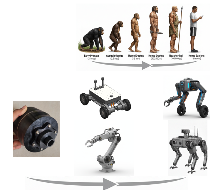 A timeline of human evolution from early primates to modern humans, alongside images of robotic and mechanical devices, illustrating the progression of technology.
