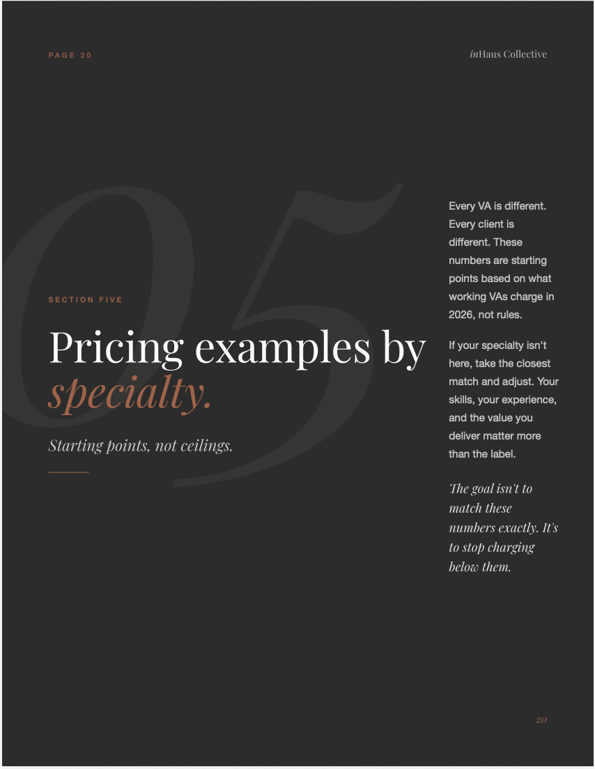 Worksheet and 2026 VA pricing ranges from the Stop Charging by the Hour guide