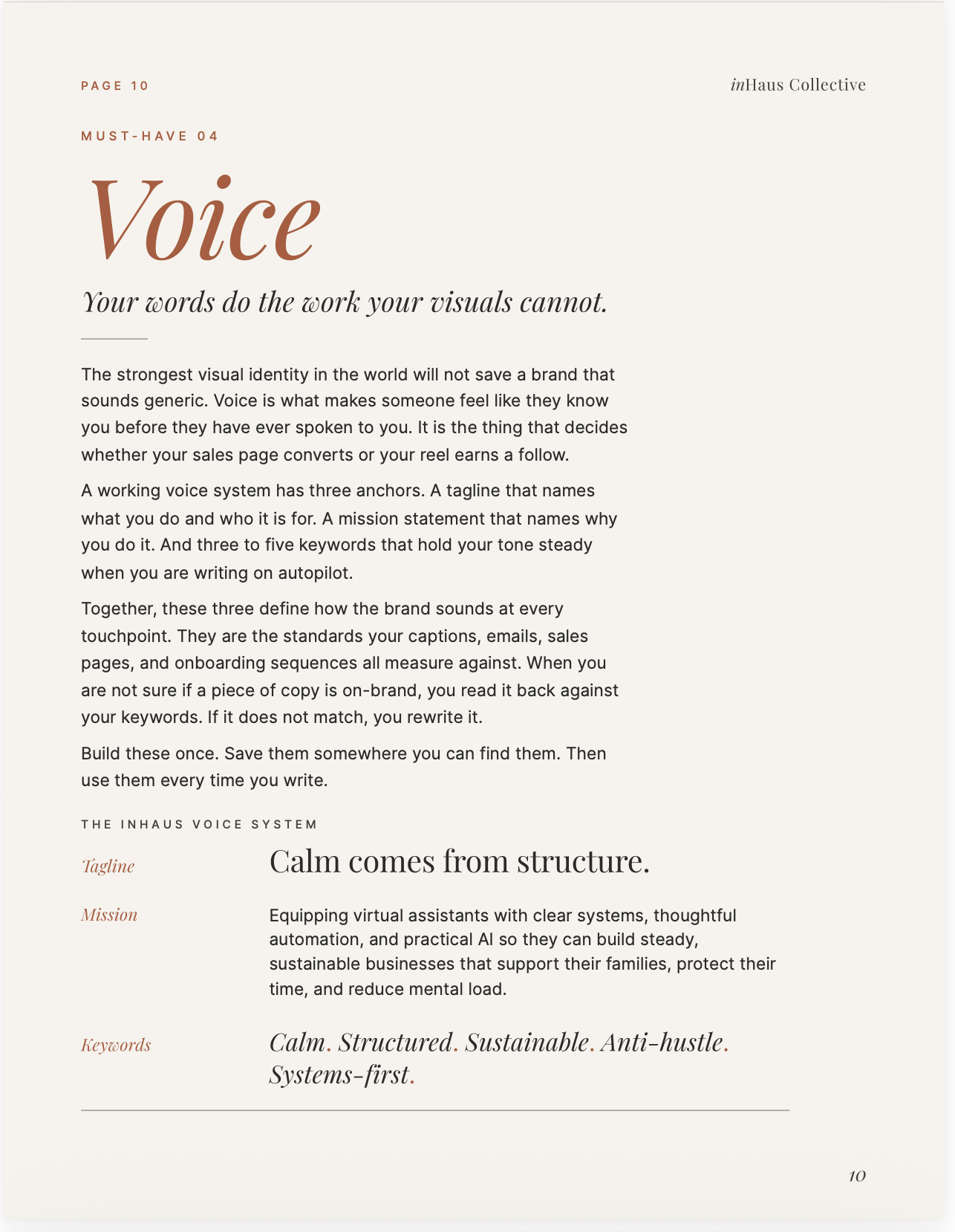 Inside pages showing the inHaus font, voice, and color system as a brand guide example