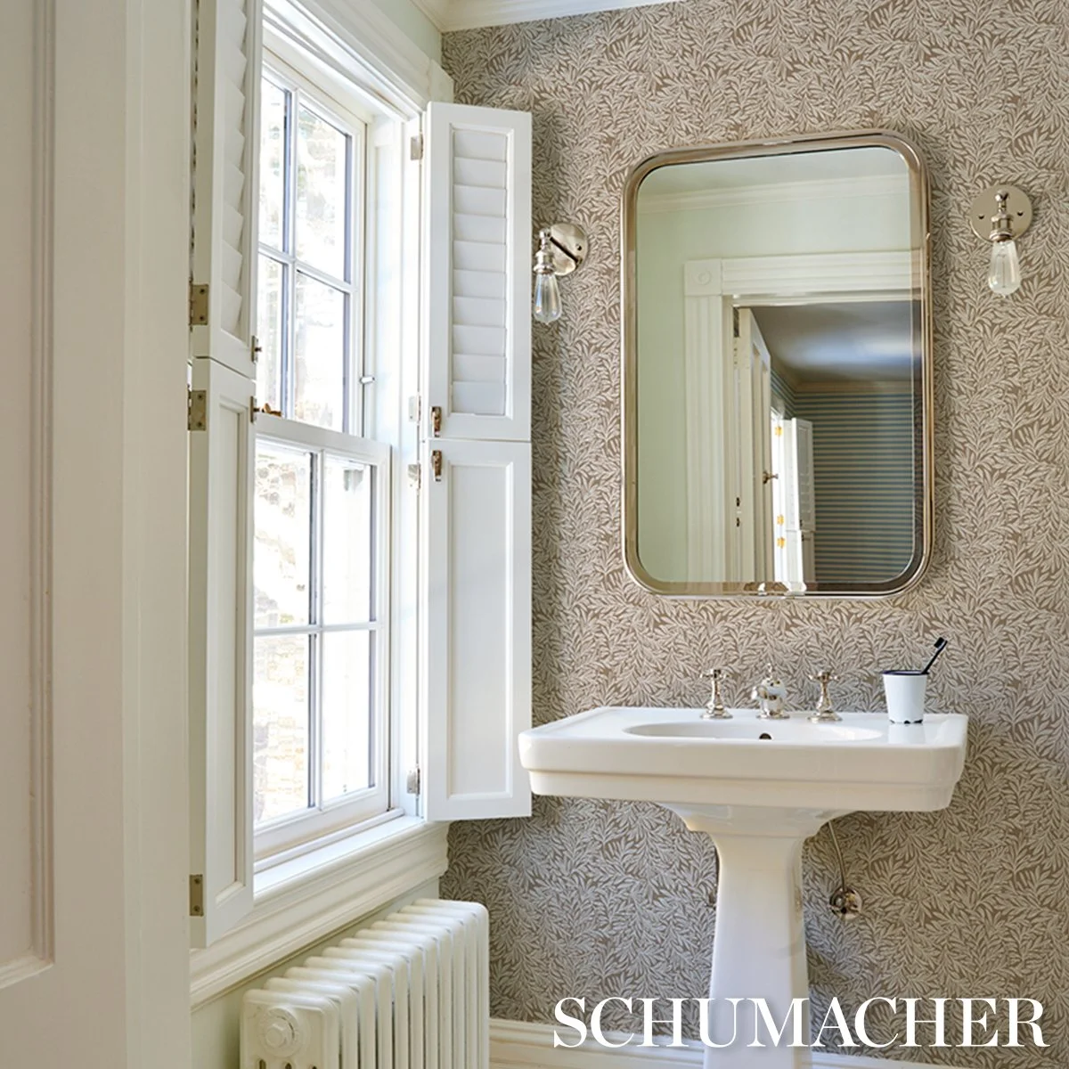 Schumacher Willow Leaf wallpaper in Mocha, powder room