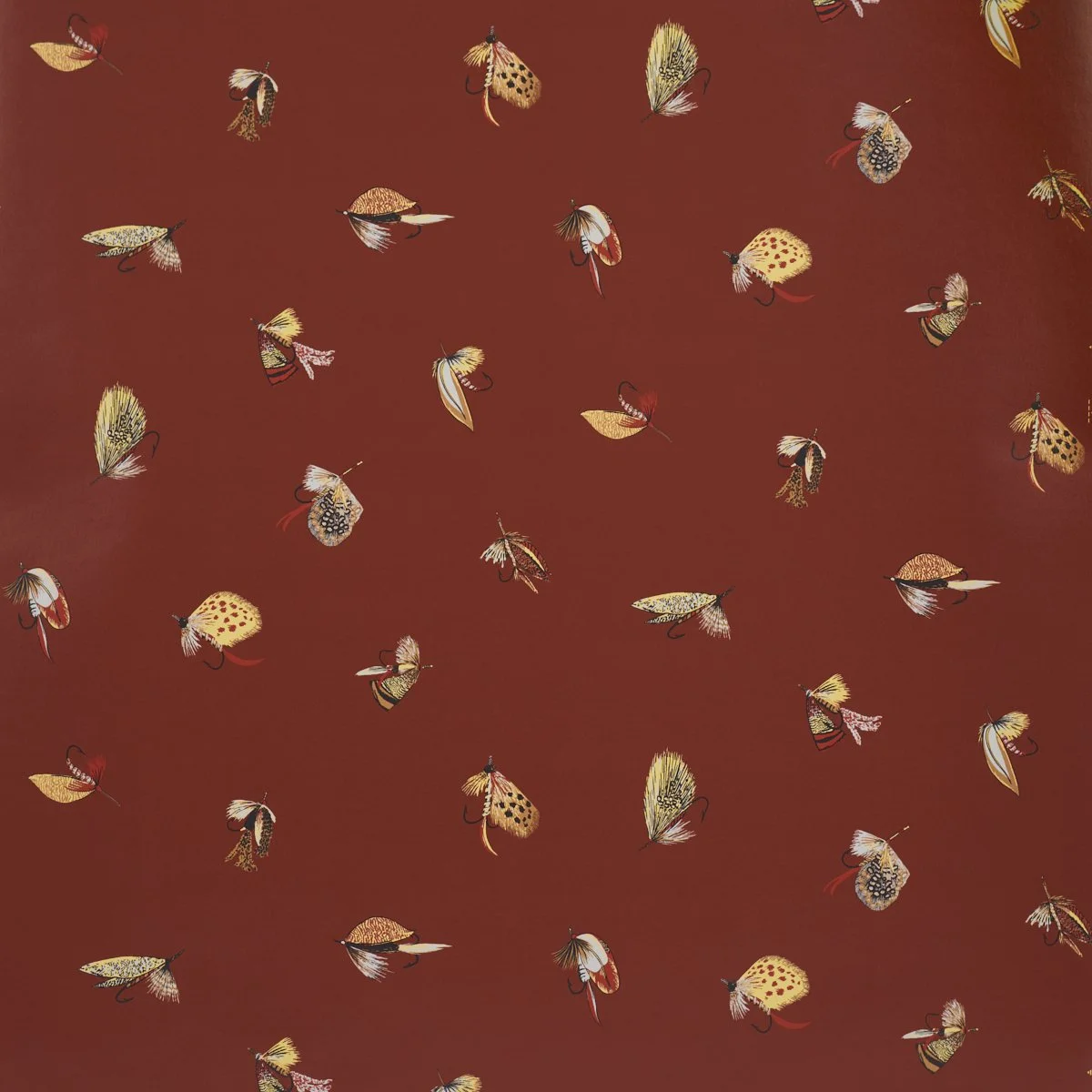 Flat pattern view of Schumacher Fly Fishing in Russet, scattered feather flies in gold, cream, and red