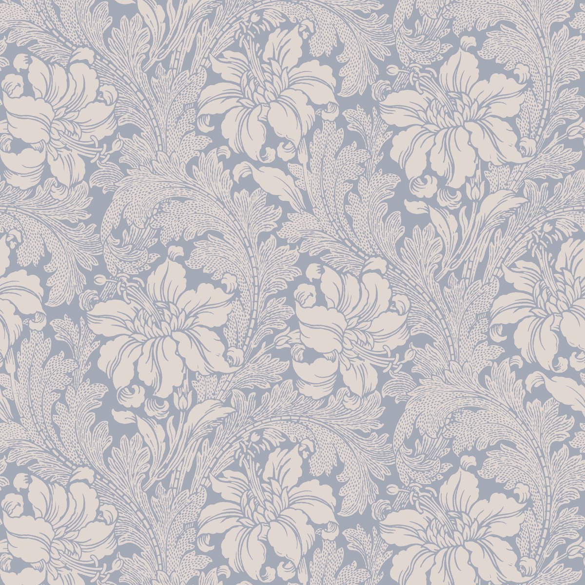 Schumacher Acanthus Garden in Blue showing cream flowering blooms and scrolling leaves on a dusty blue ground, SKU 2010