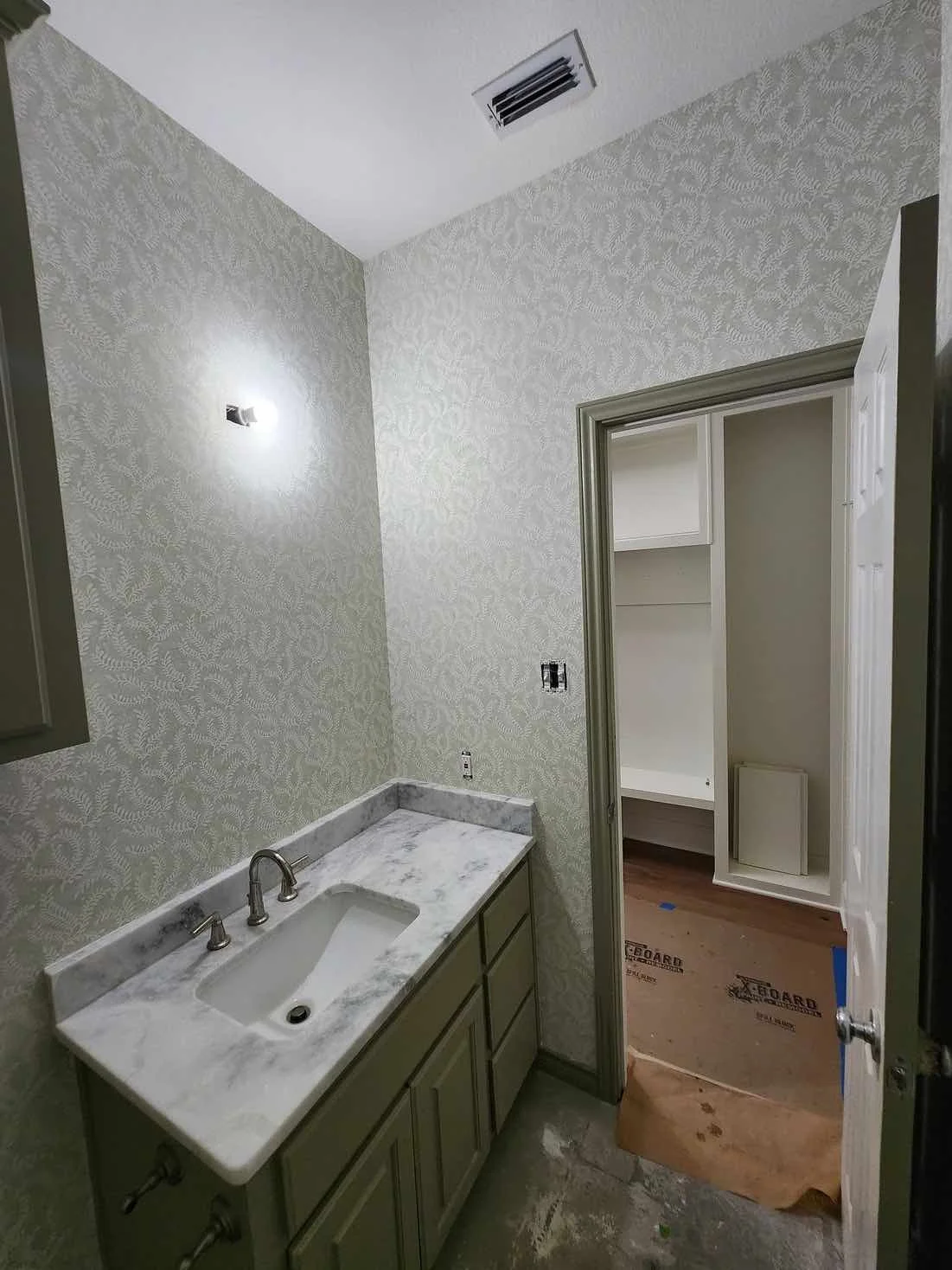 Half Bathroom Design with Schumacher Etched Fern Wallpaper