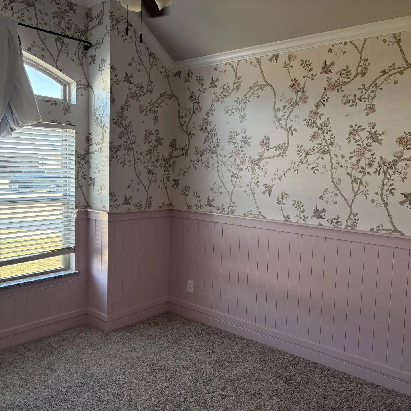 One word! WAINSCOTING!  Here's a tip: come see us to pick out your wallpaper! Then find a color within the pattern and paint your wainscoting to match! Always a fun way to enhance your space!