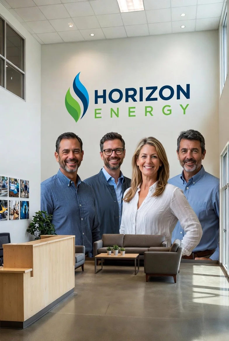 Four smiling professionals stand in a modern office lobby with a Horizon Energy logo on the wall behind them