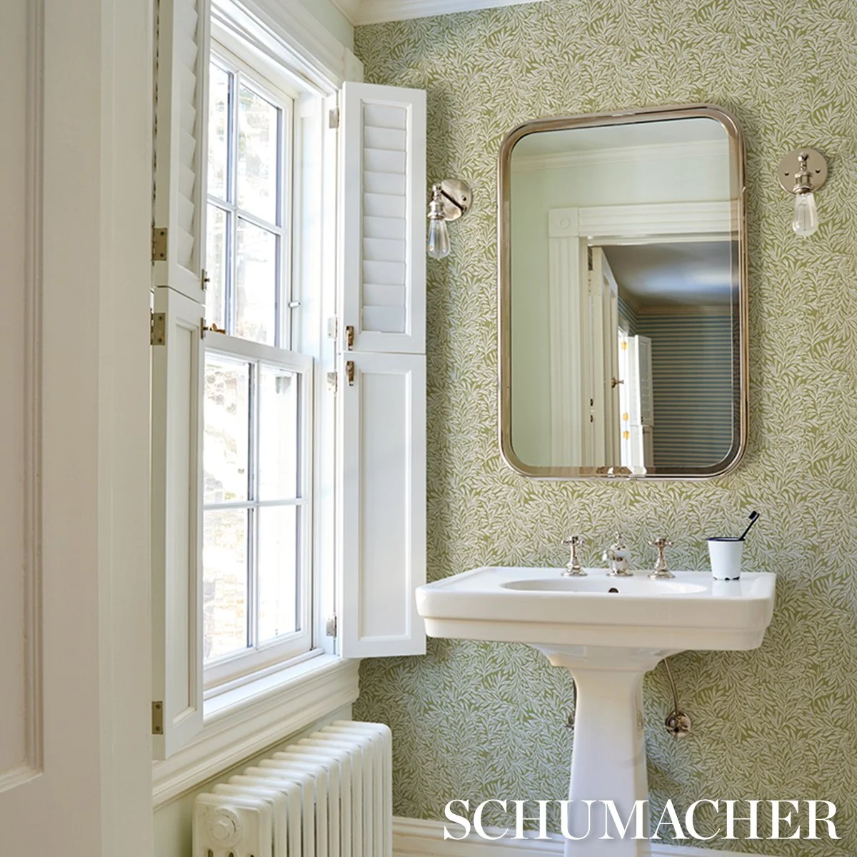 Schumacher Willow Leaf wallpaper in Moss, powder room