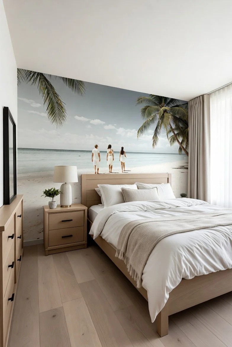 A modern bedroom with a neutral decor and a large wall mural of a family walking on a tropical beach under palm trees.