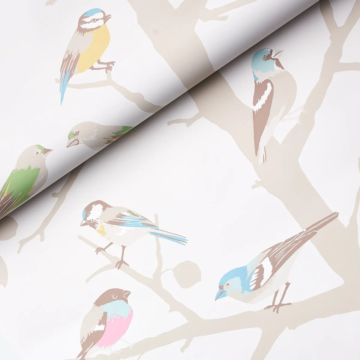 Schumacher A-Twitter wallpaper in Soft Multi, folded to show the songbird pattern and paper texture, SKU 5005033