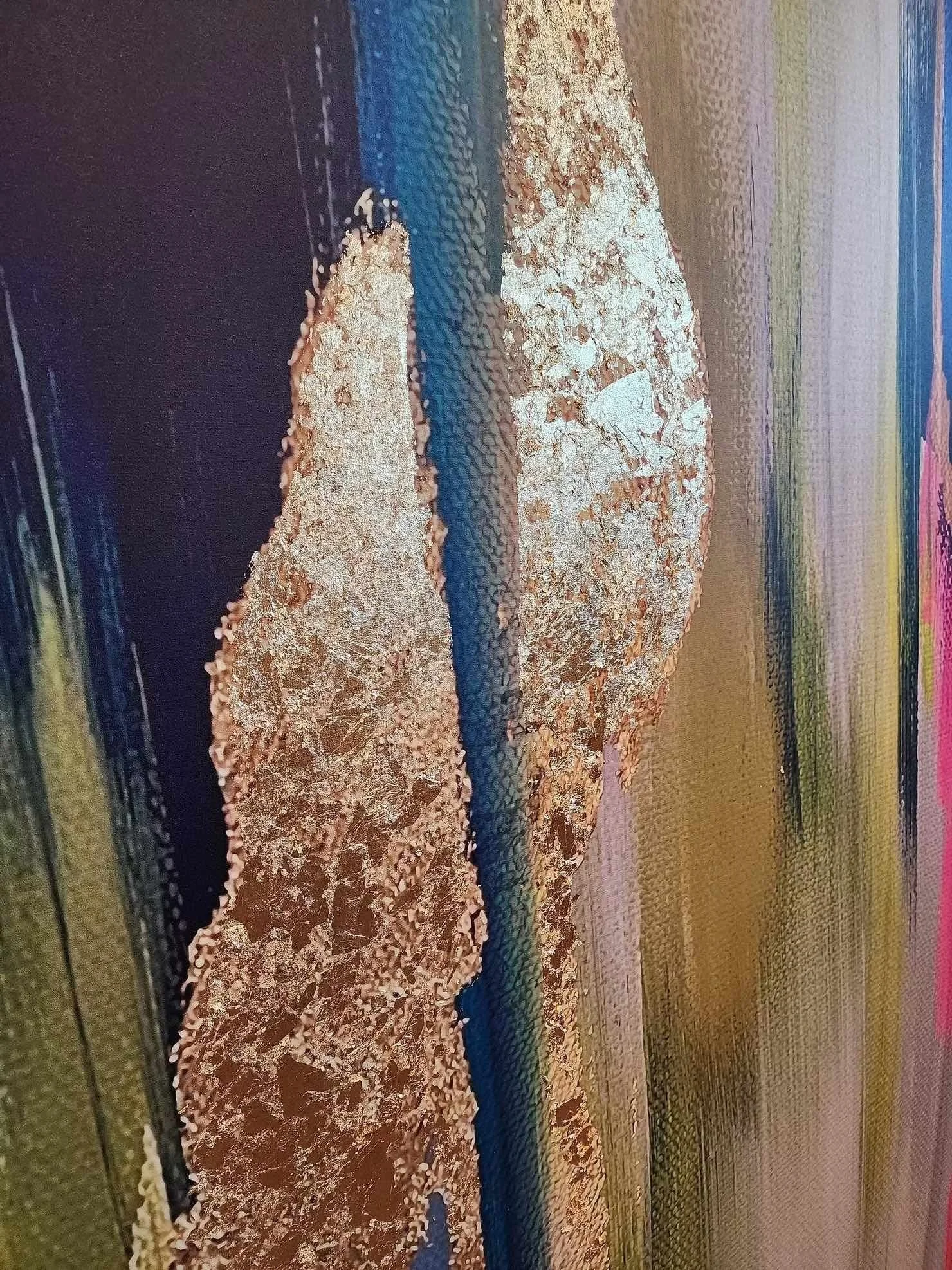 Abstract painting with gold leaf accents and vertical strokes in blue, green, and brown tones on a textured canvas.