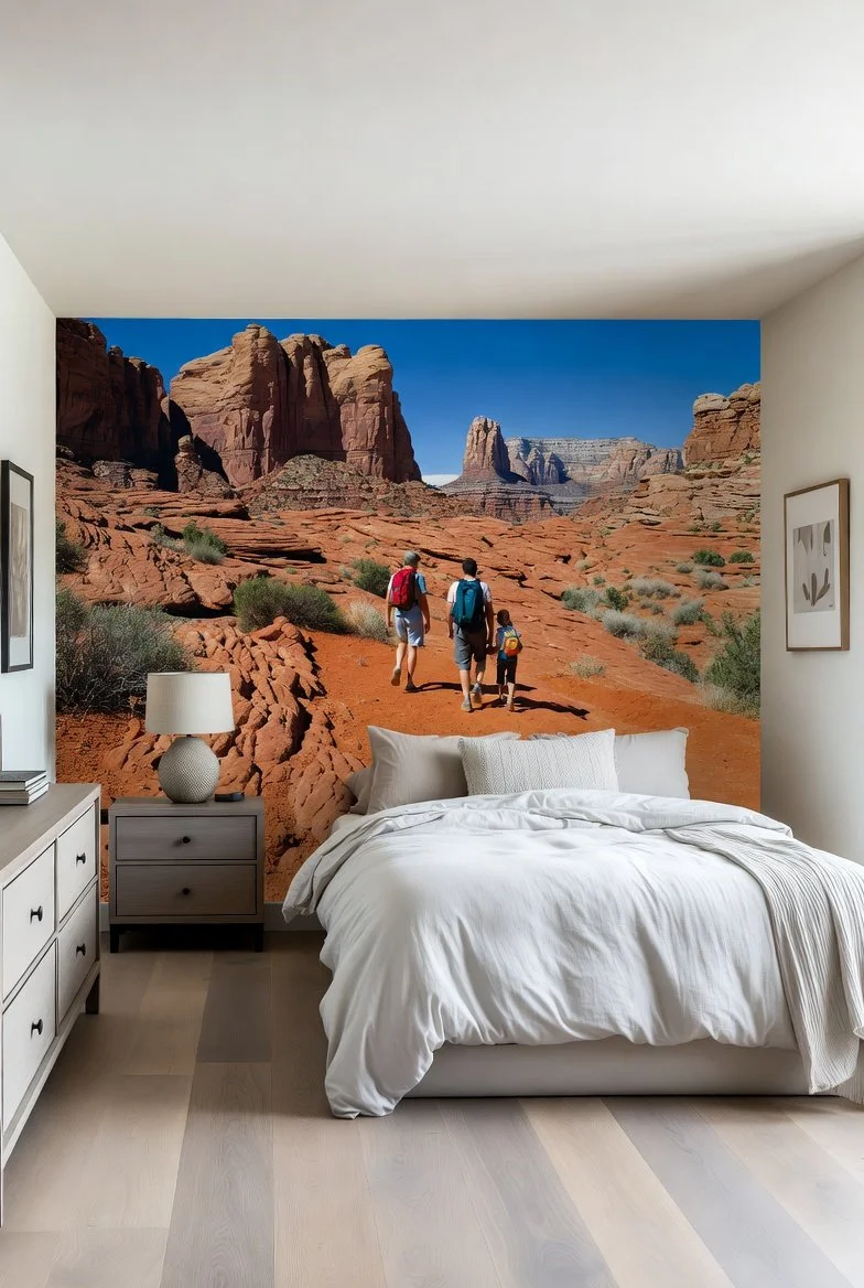 A bedroom with a large wall mural of hikers in a red rock desert landscape behind a neatly made bed and modern decor.