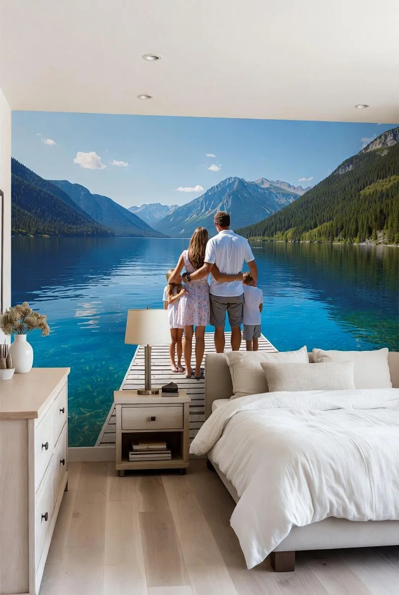 A bedroom with a large wall mural showing a family holding hands on a dock overlooking a clear blue lake and mountains