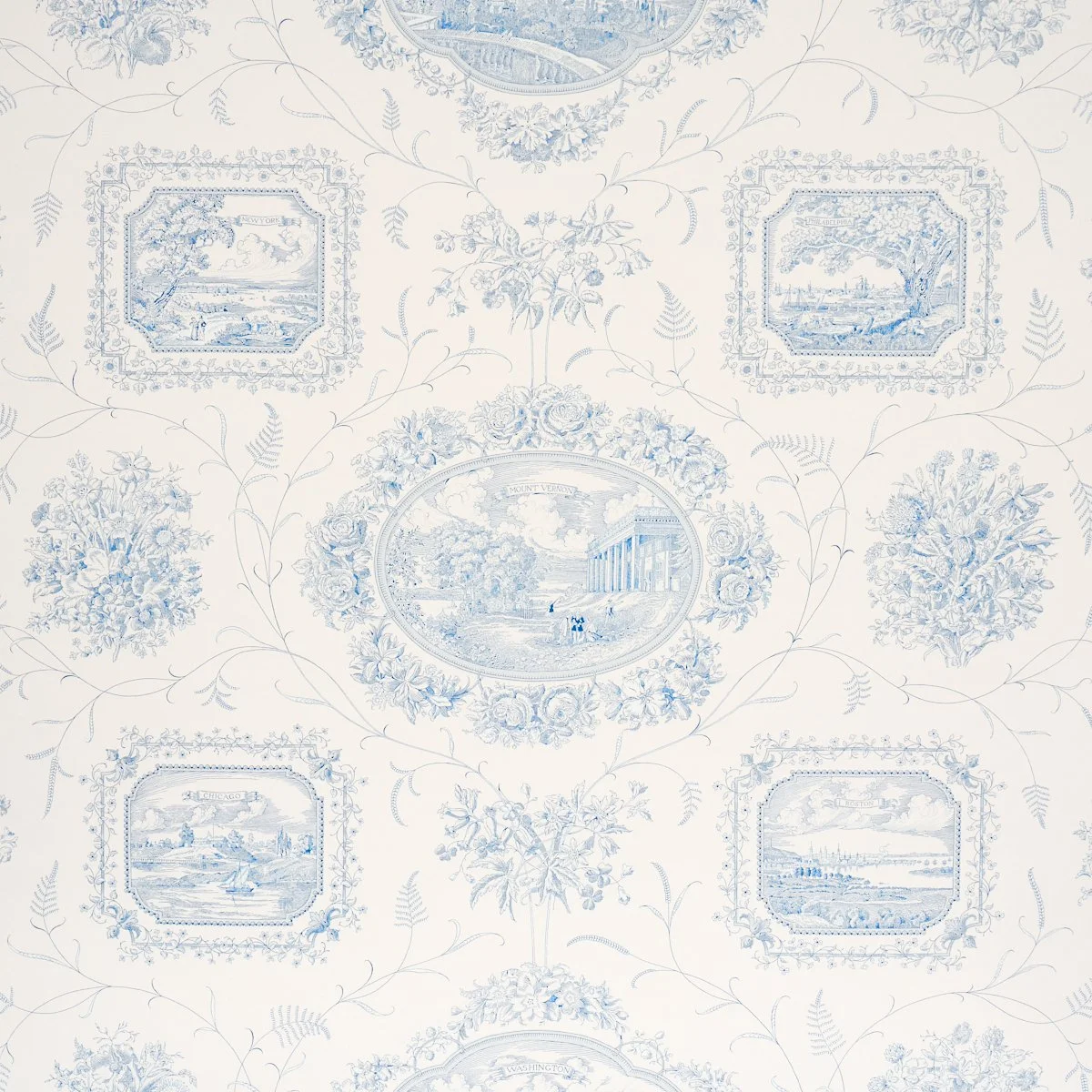 Schumacher Century Scenic Toile in Blue showing Mount Vernon and surrounding city vignettes on a cream ground, SKU 5018411