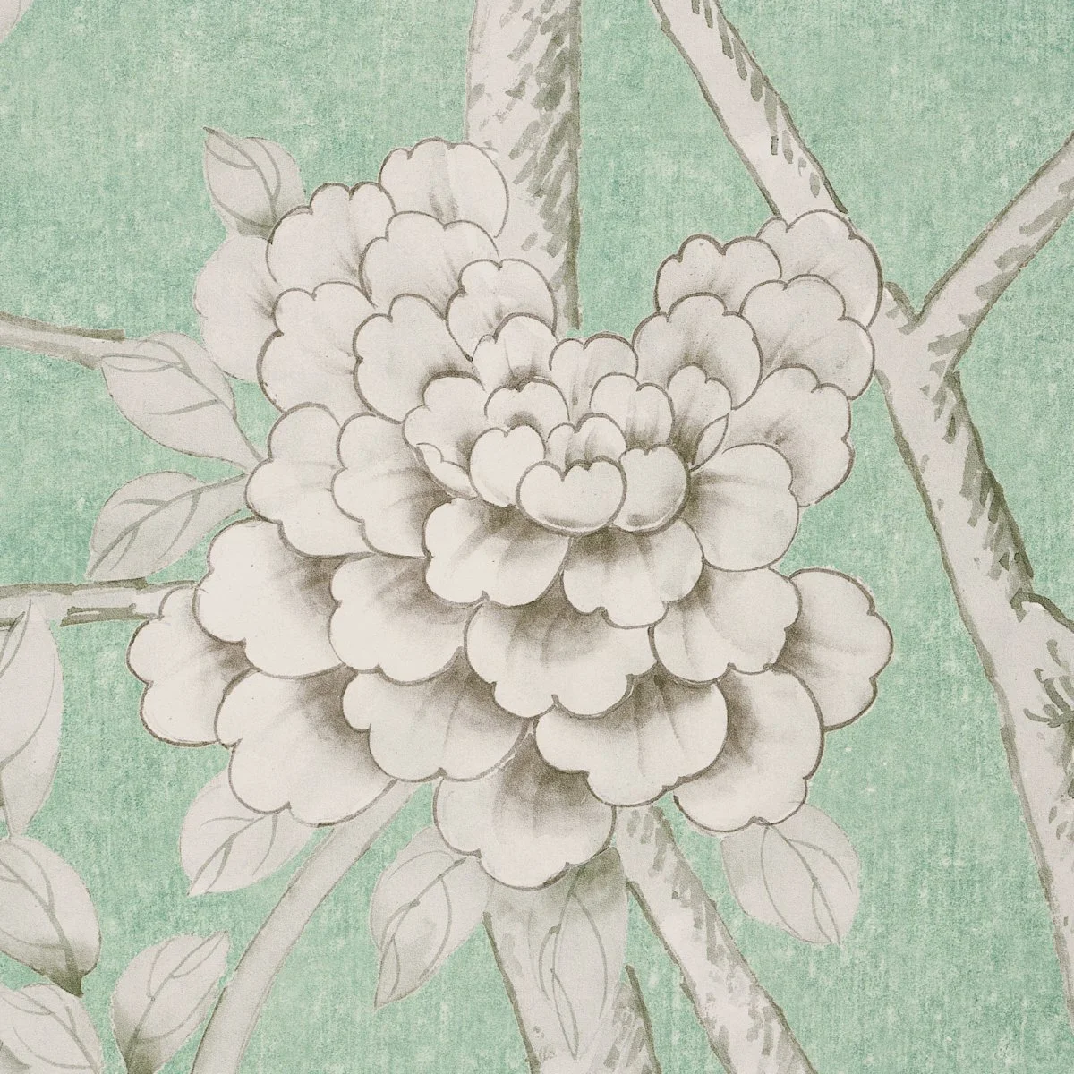 Close-up of peony and branch detail on Schumacher Chinois Palais Panel in Aquamarine