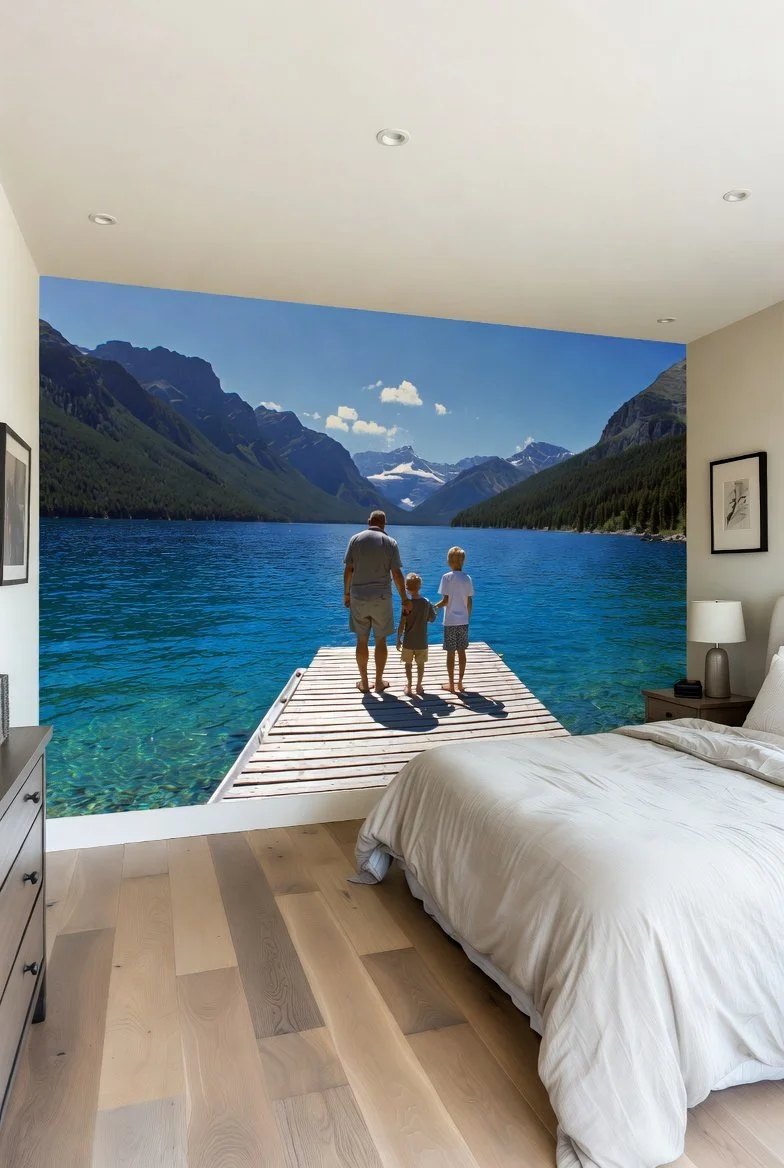 Bedroom with a mural of a man and two children on a dock overlooking a lake and mountains, creating a scenic, tranquil view