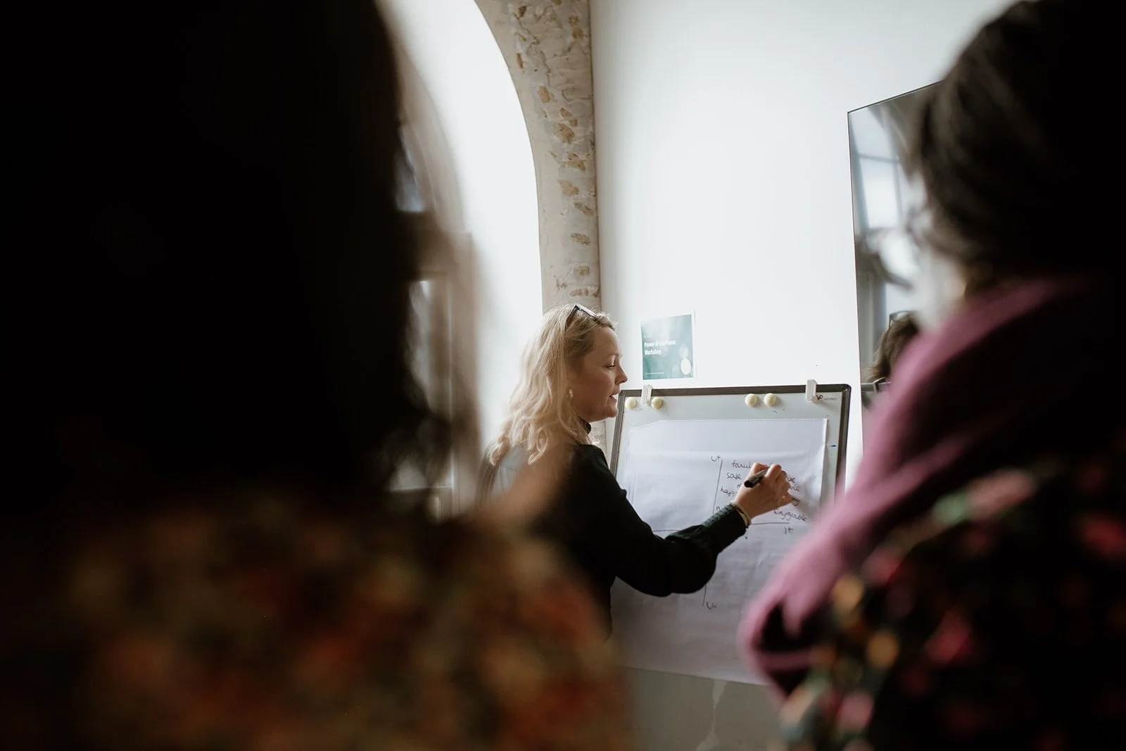 Lucy Timmons, Coach writing on a large notepad in front of a group of people in a bright room with a high arched window.