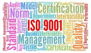 A colorful word cloud featuring terms related to certification, management, standards, quality, and audit, with prominent words 'SOX 9001' in the center.