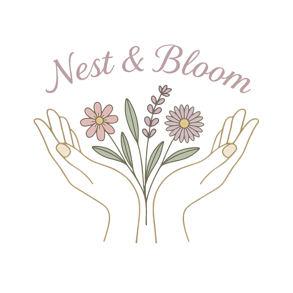 An illustration of two hands holding a small bouquet of pink and purple flowers with green leaves. Above the hands, the words 'Nest & Bloom' are written in a purple, cursive font.