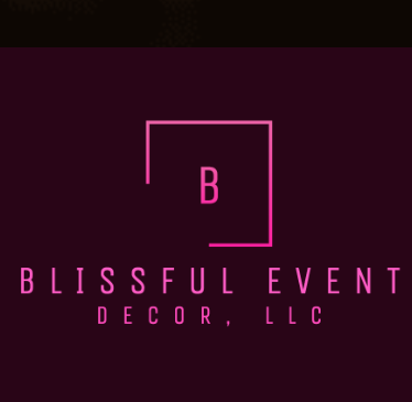Logo for Blissful Event Decor LLC with a pink square outline and text on a dark background.