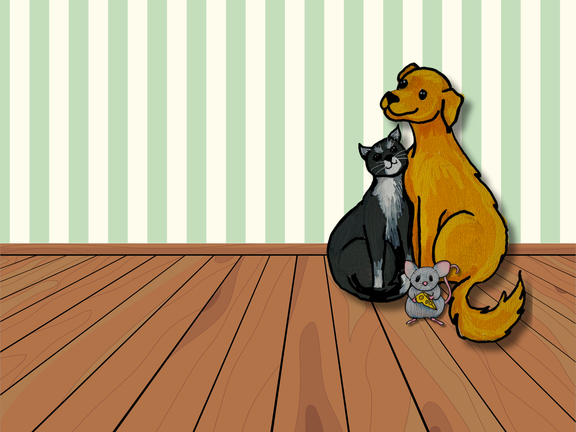 A cartoon illustration of a cat, a dog, and a mouse sitting on a wooden floor against a green striped wall.