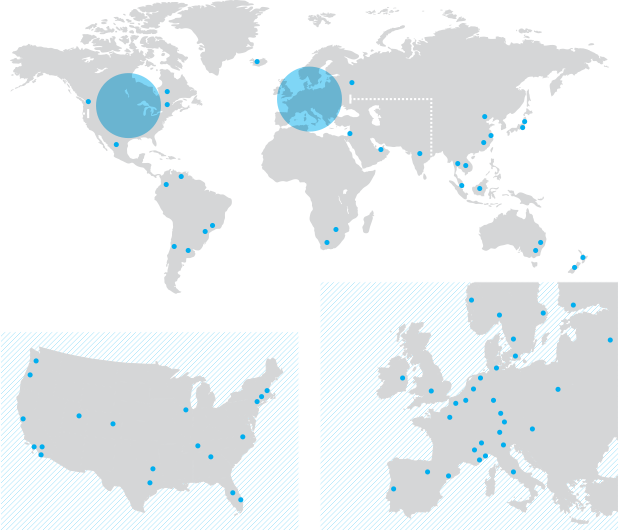 World map showing data points in the United States, Russia, China, and several European countries.