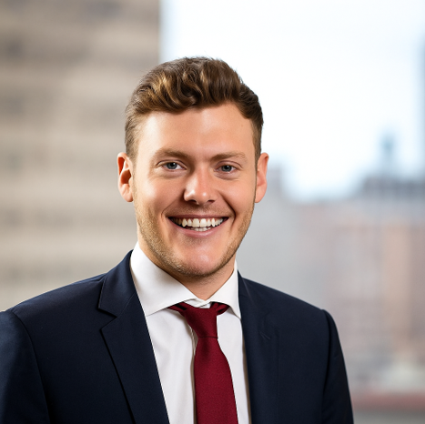 Professional young man in a suit smiling in an office setting
