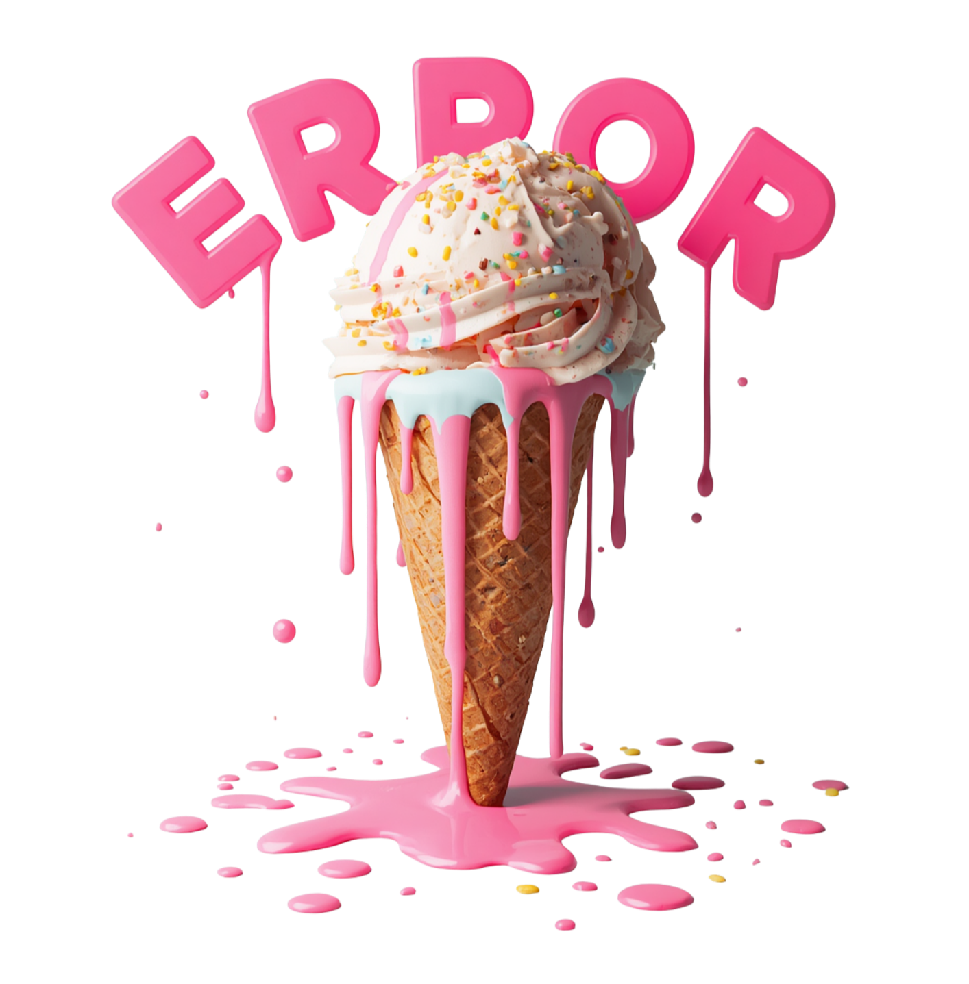 Eiswaffel mit Vanilleeis, bunten Streuseln und buntem Sirup, die blubbernd und tropfend ist, mit pinken Buchstaben, die das Wort "EARROR" bilden.