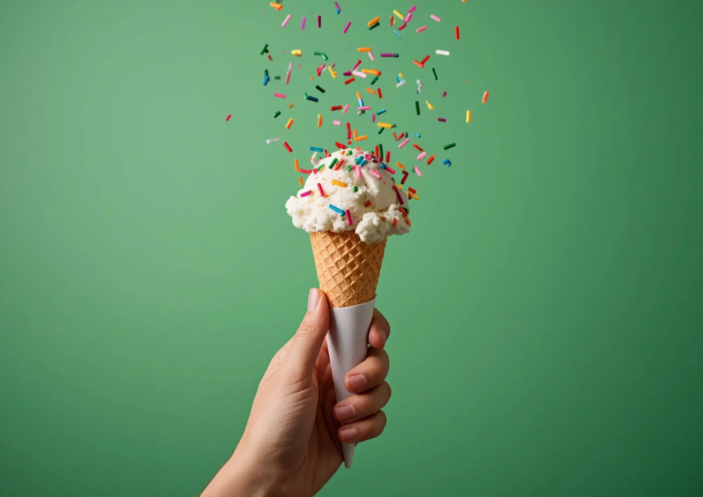 Eine Hand hält eine Waffel mit Eis und bunten Streuseln, die in der Luft zu schweben scheinen, vor einem grünen Hintergrund.