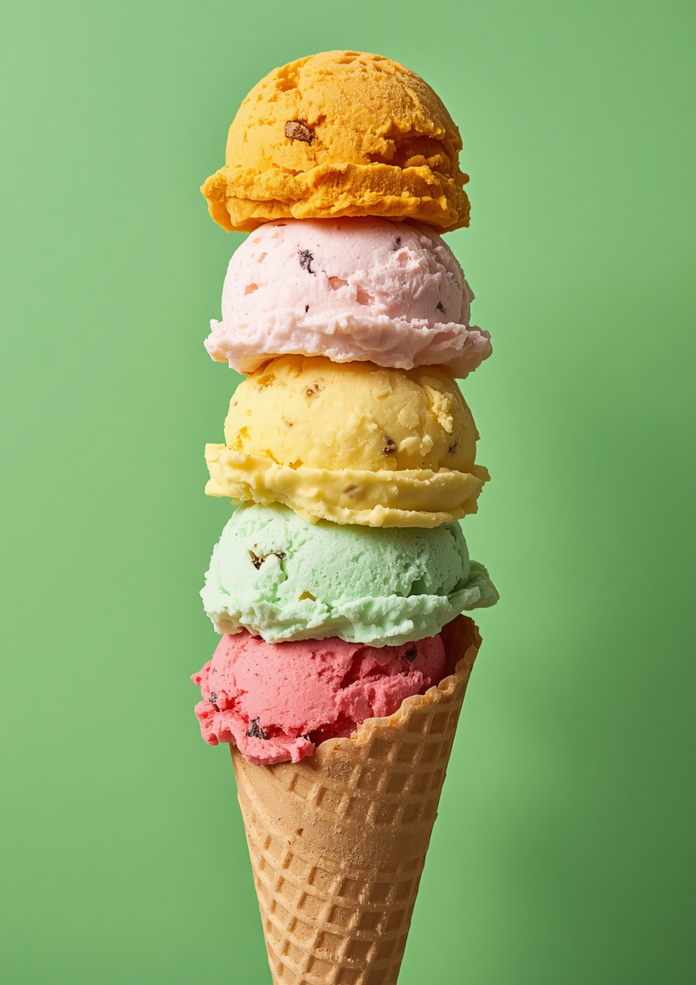 Mehrere Kugeln Eis in verschiedenen Farben auf einer Waffel, vor hellem grünen Hintergrund.