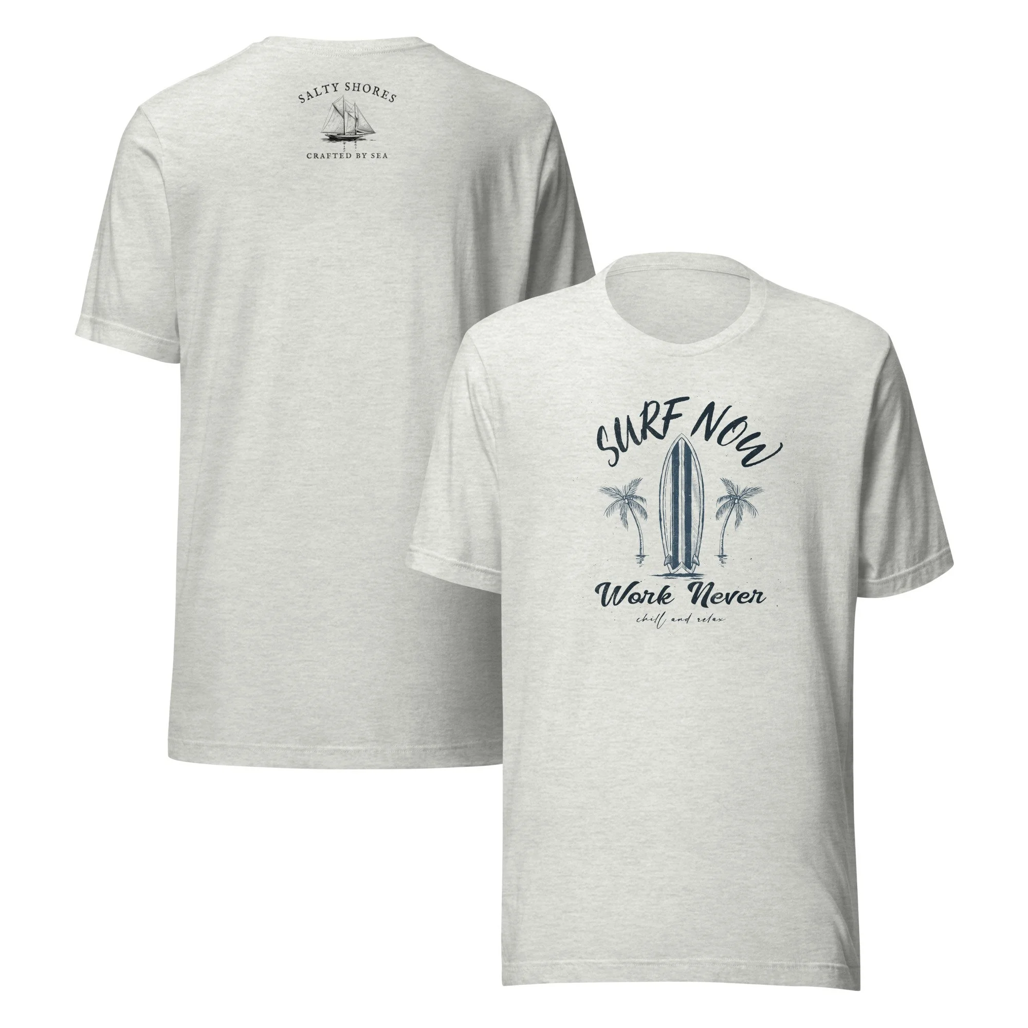 T-shirt “Surf Now, Work Never” – Illustration surf