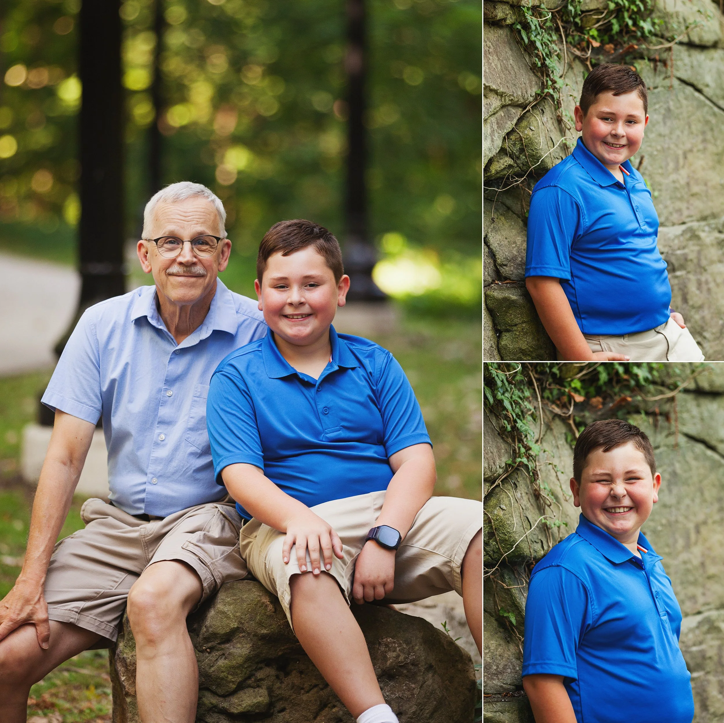 Grandfather and grandson in bue shirts on stone and green leafy background in family portraits Kent Ohio
