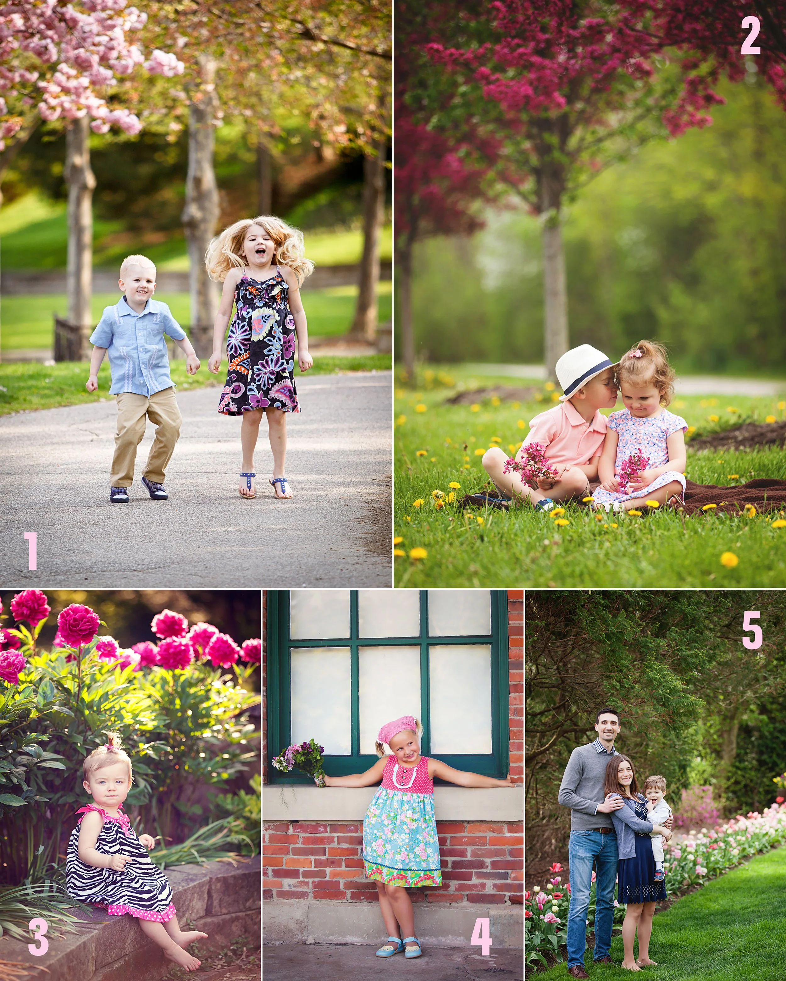 Great locations for outdoor photos in Northeast Ohio, kids playing at Wade Lagoon in Cleveland, sweet siblings at Hudson Springs Park with cherry blossoms, baby sitting on garden wall with peonies at Quail Hollow Park, girl with flower bouquet Kent