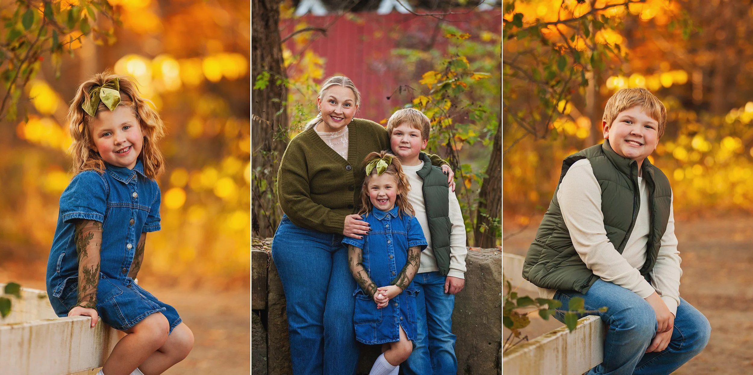 Mother and two children standing near a red barn with fall foliage in the Cuyahoga Valley