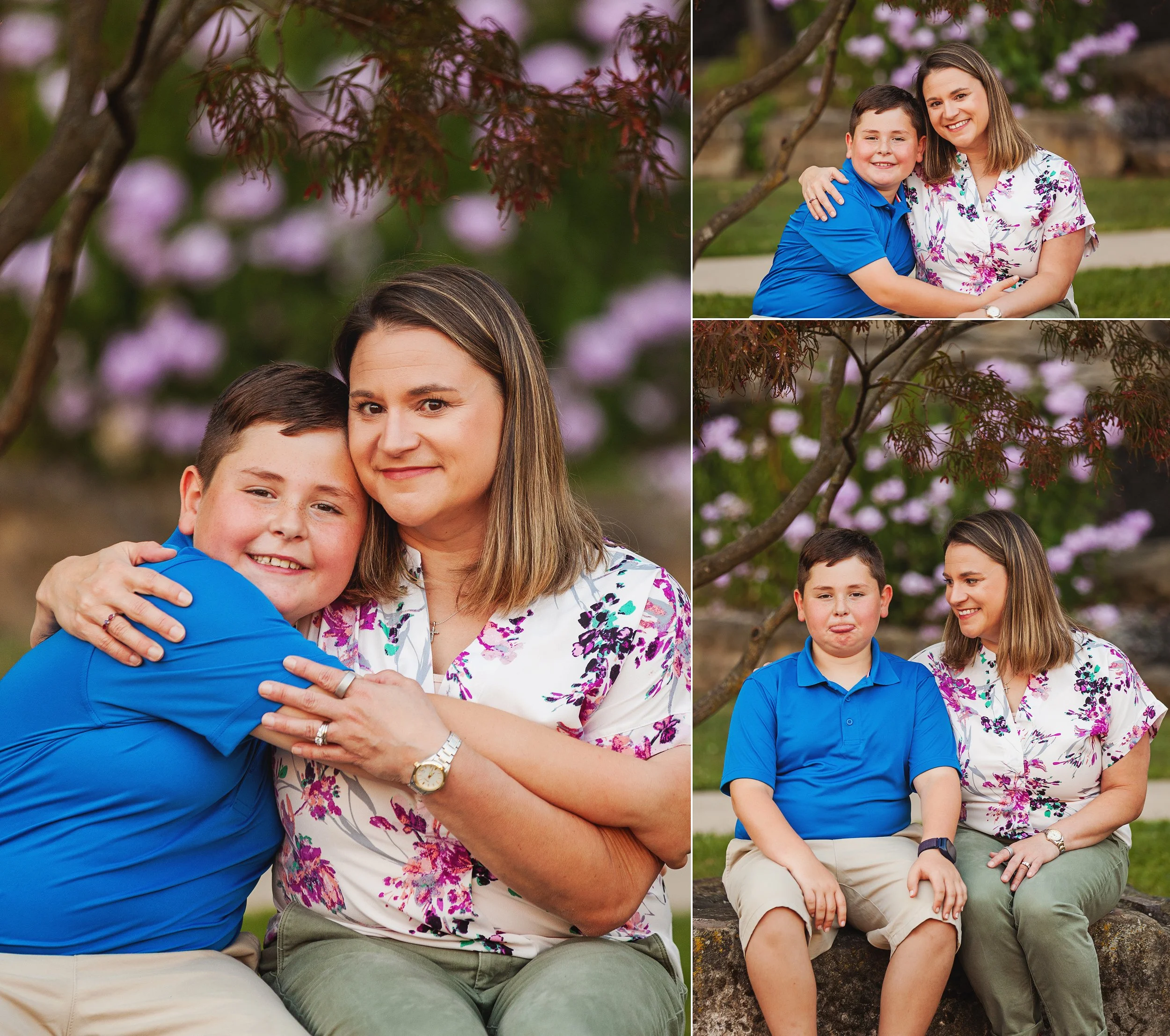 Mom and son sitting on rock in front of purple flowers under tree outdoor portraits in northeast ohio