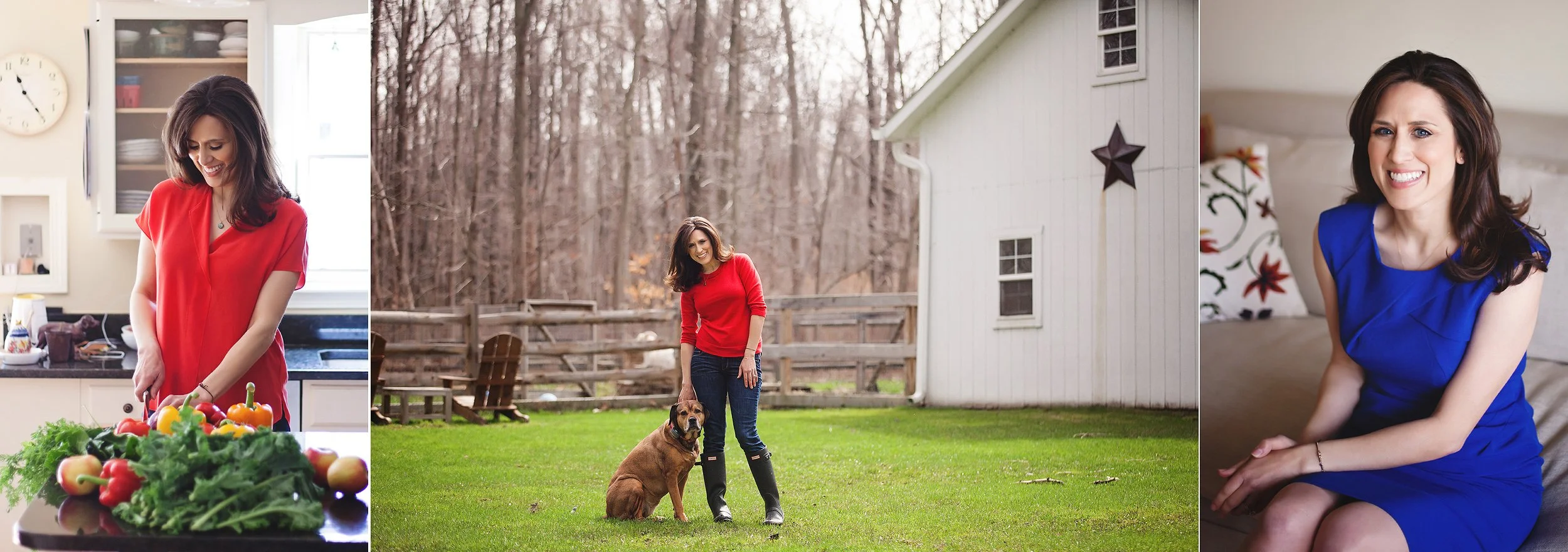 Branding photos for website of nutritionist author with woman smiling and cutting vegetables in kitchen in Cleveland