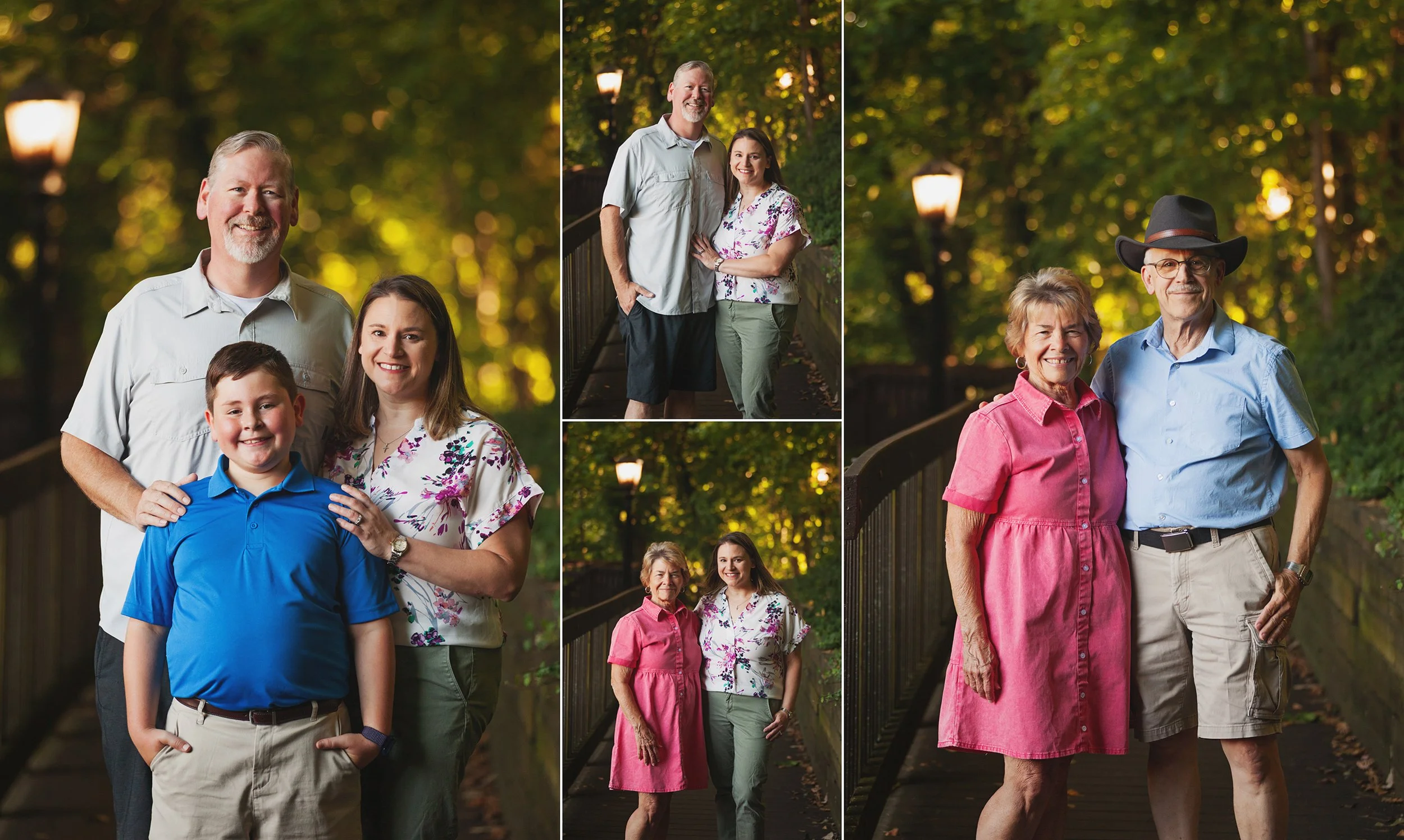 Families in dramatic side light with street lamp in background and green trees on wooden boardwalk by cuyahoga river