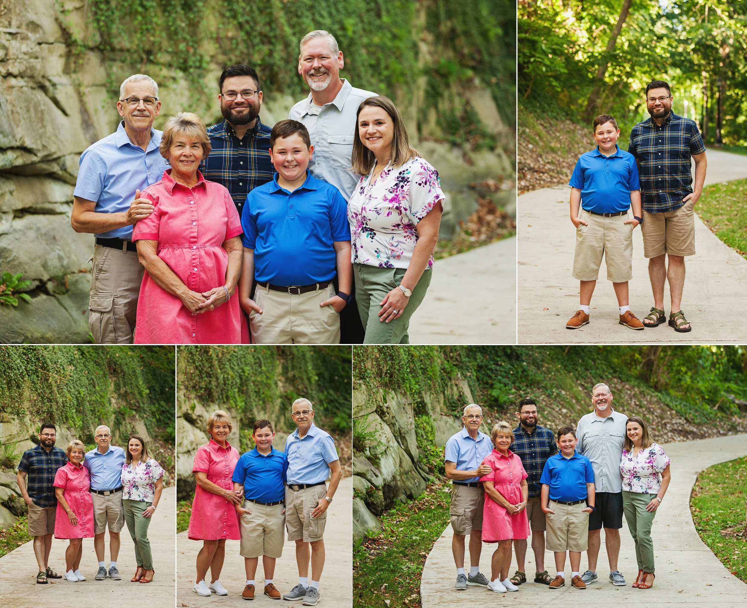 Family groupings on sidewalk in front of stone wall with greenery in northeast ohio outdoor portrait session