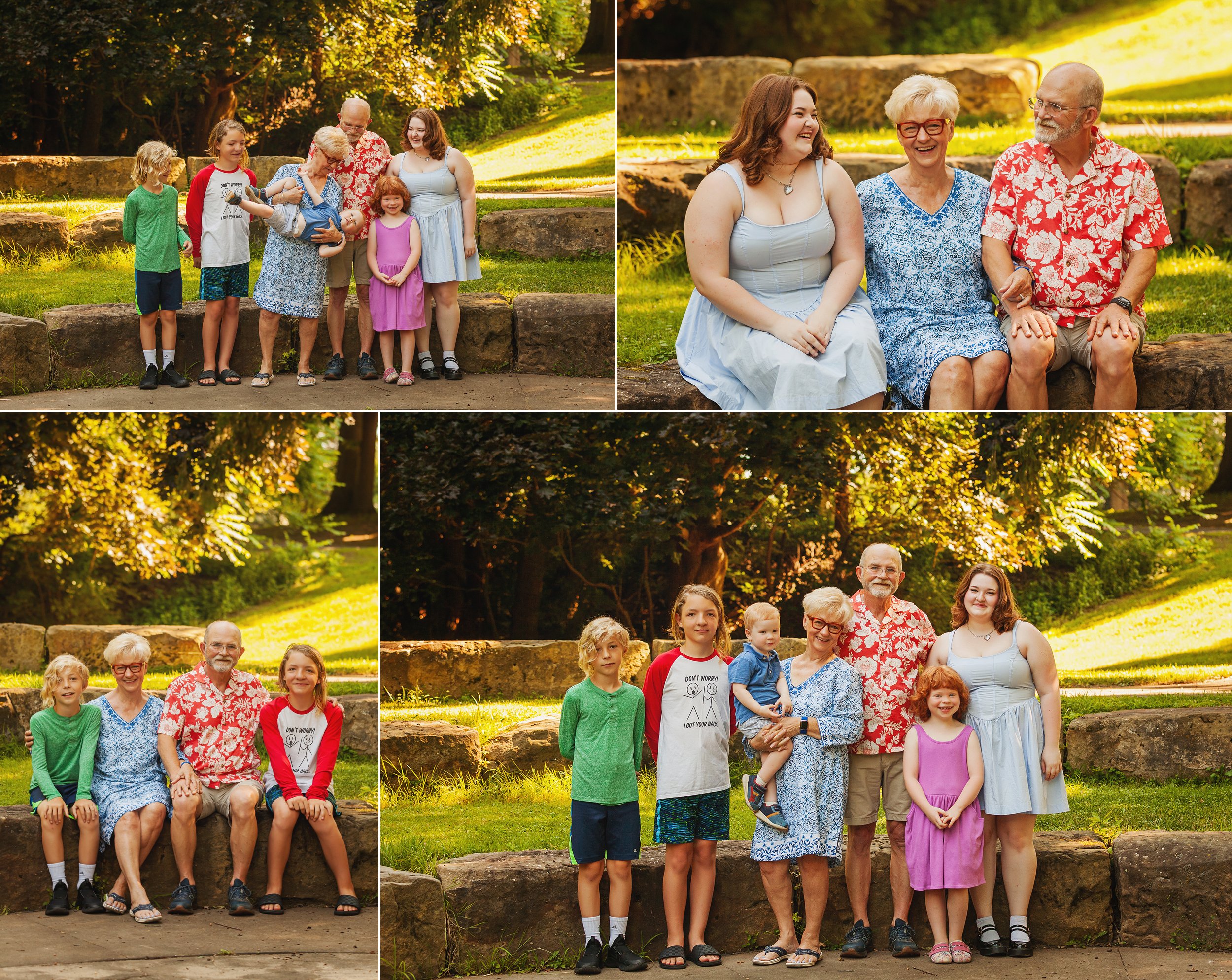Grandparents and grandchildren in bright clothes in sunny park for multigenerational family portrait session in northeast ohio