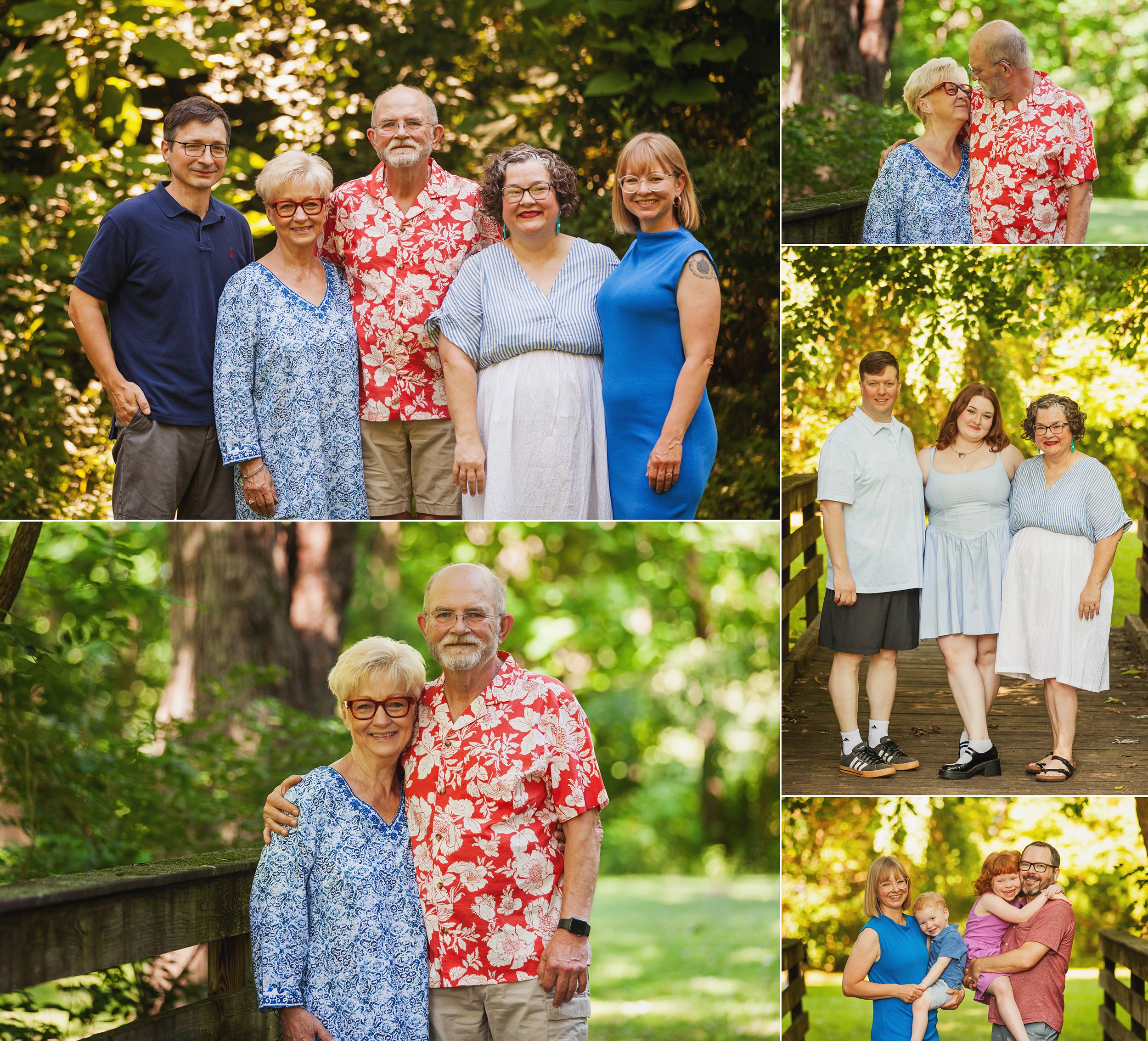 Grandparents and adult children in bright colors for extended family portrait session at Plum Creek Park in Northeast Ohio