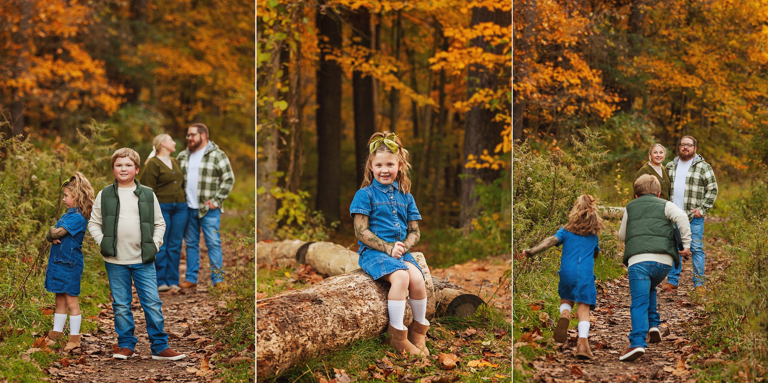 Siblings exploring a wooded trail near Boston Mills while parents talk in the background