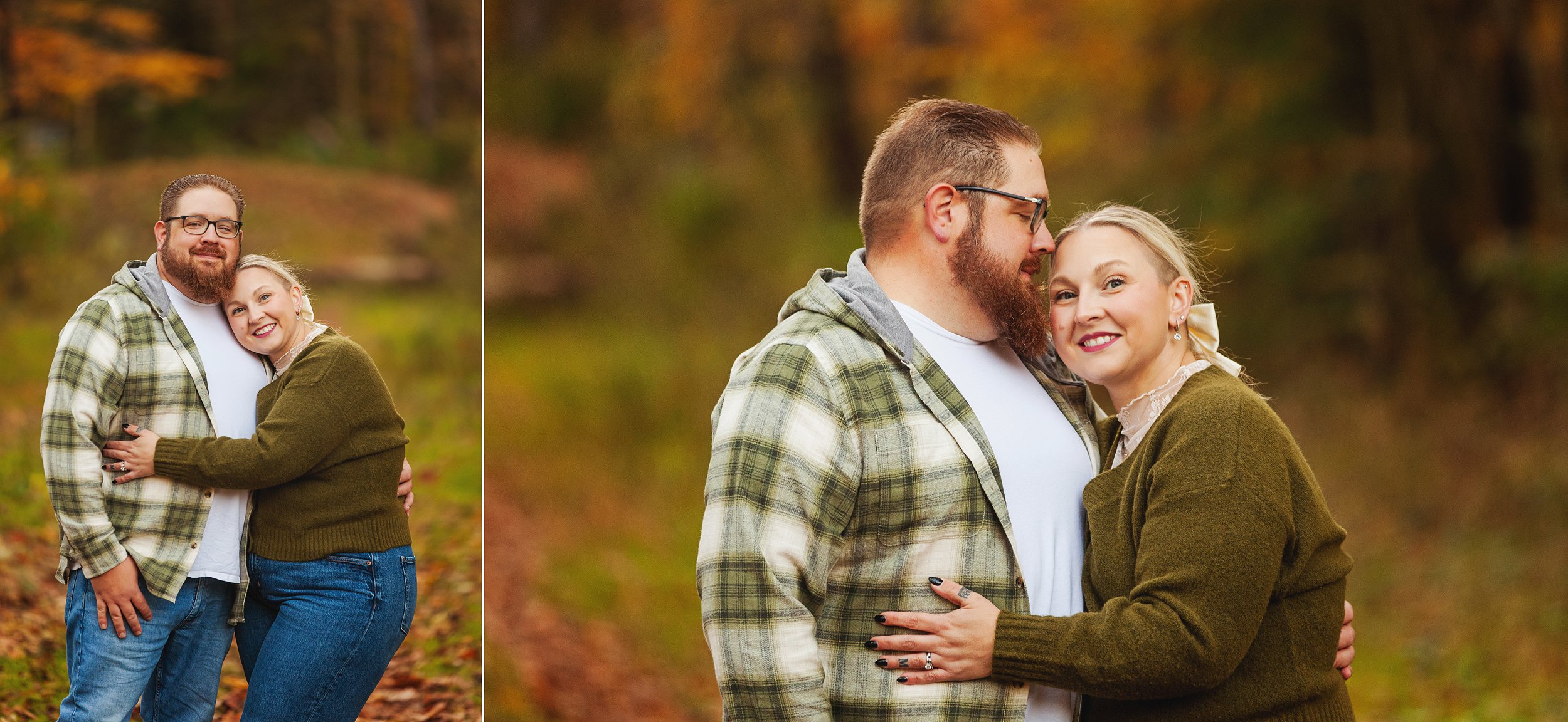 Husband and wife embracing in the woods during a fall family photography session