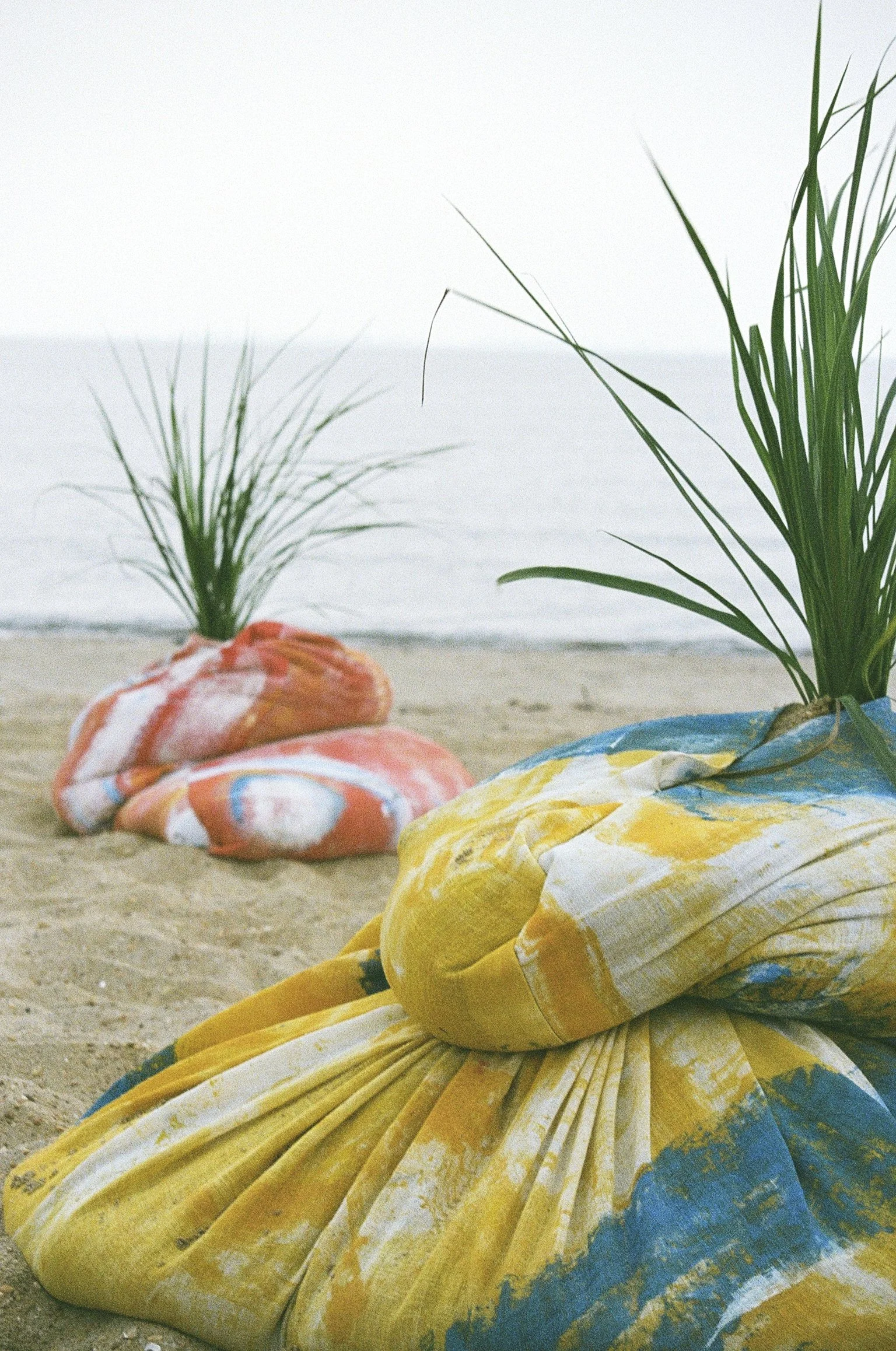 Sandbags painted like colorful seashells with green plants on top, forming makeshift planters at the beach with ocean in background.